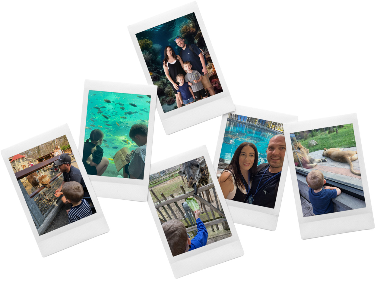 A scattered arrangement of instant photos from our family's zoo and aquarium visits — posing in front of a reef tank, watching schools of fish, feeding a giraffe, and observing sea lions up close.