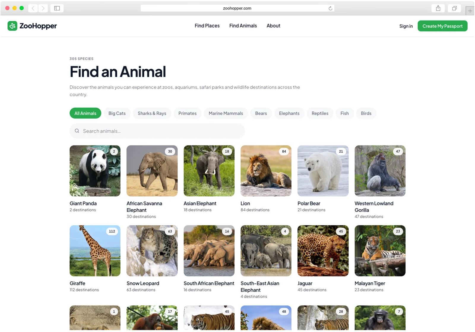 A ZooHopper animal guide for giraffes, showing a map of every destination where giraffes can be seen and a list of those zoos and safari parks.