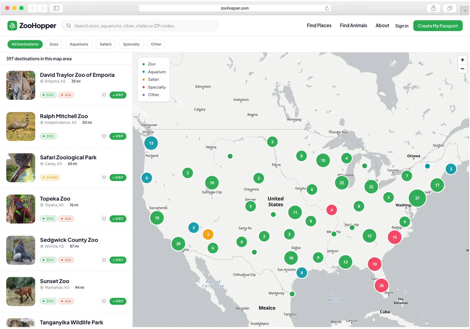The ZooHopper Explore map showing clustered zoo, aquarium and safari destinations across the United States alongside a browsable list of destinations.